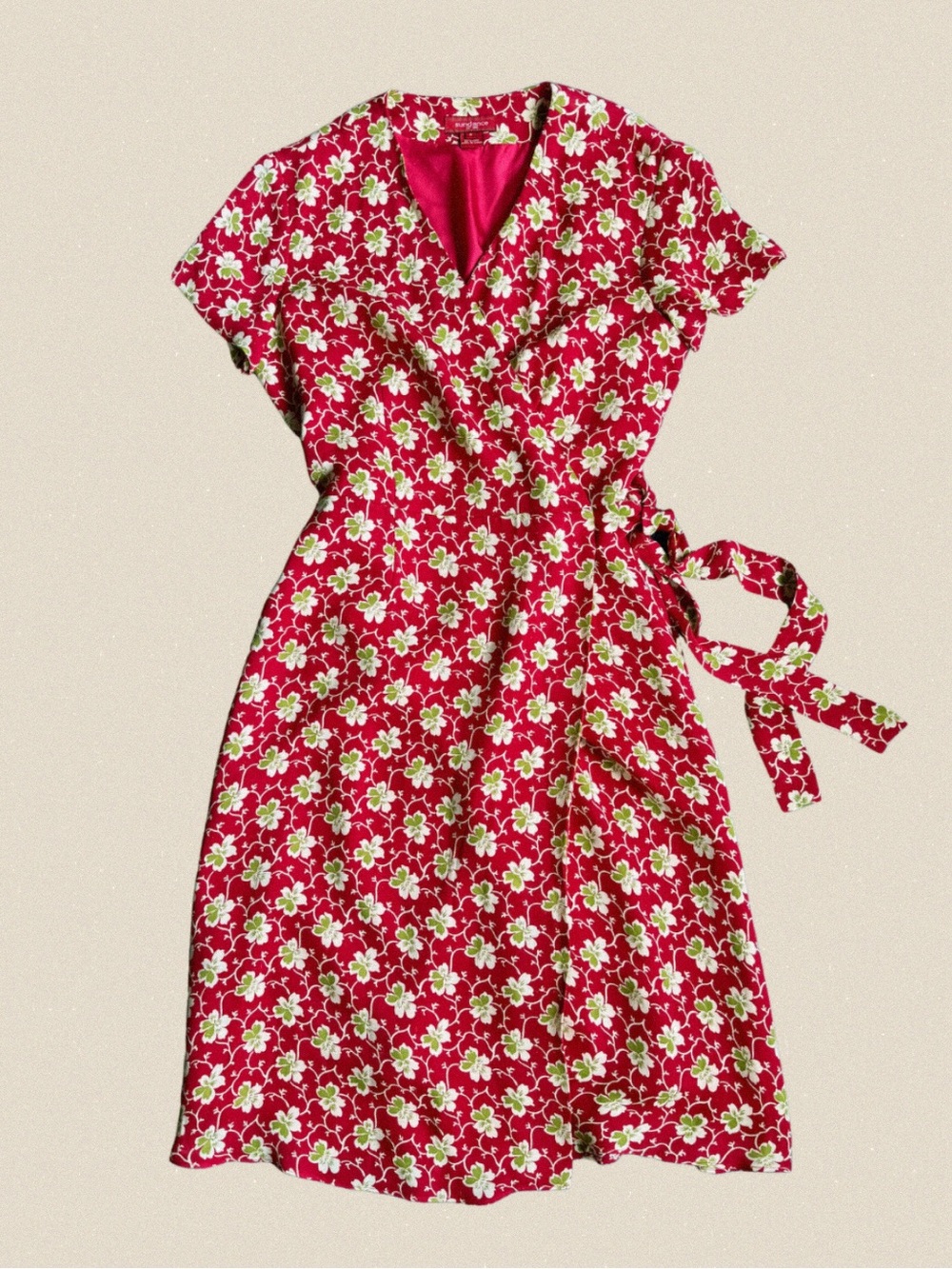 Sundance Silk Floral Wrap Midi Dress with Red, Green & Cream Accents